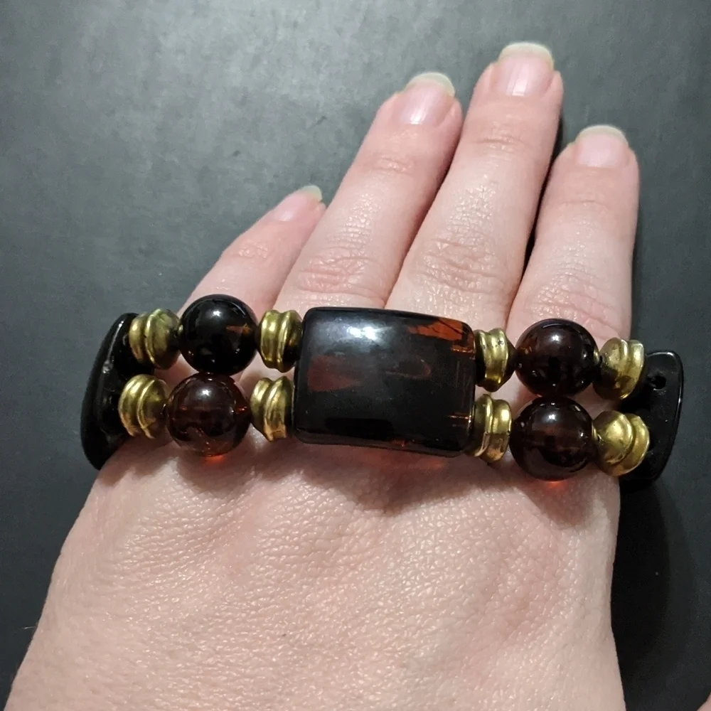 𝅺Gold Tone Brown Beaded Stretchy Elastic Statement Bracelet